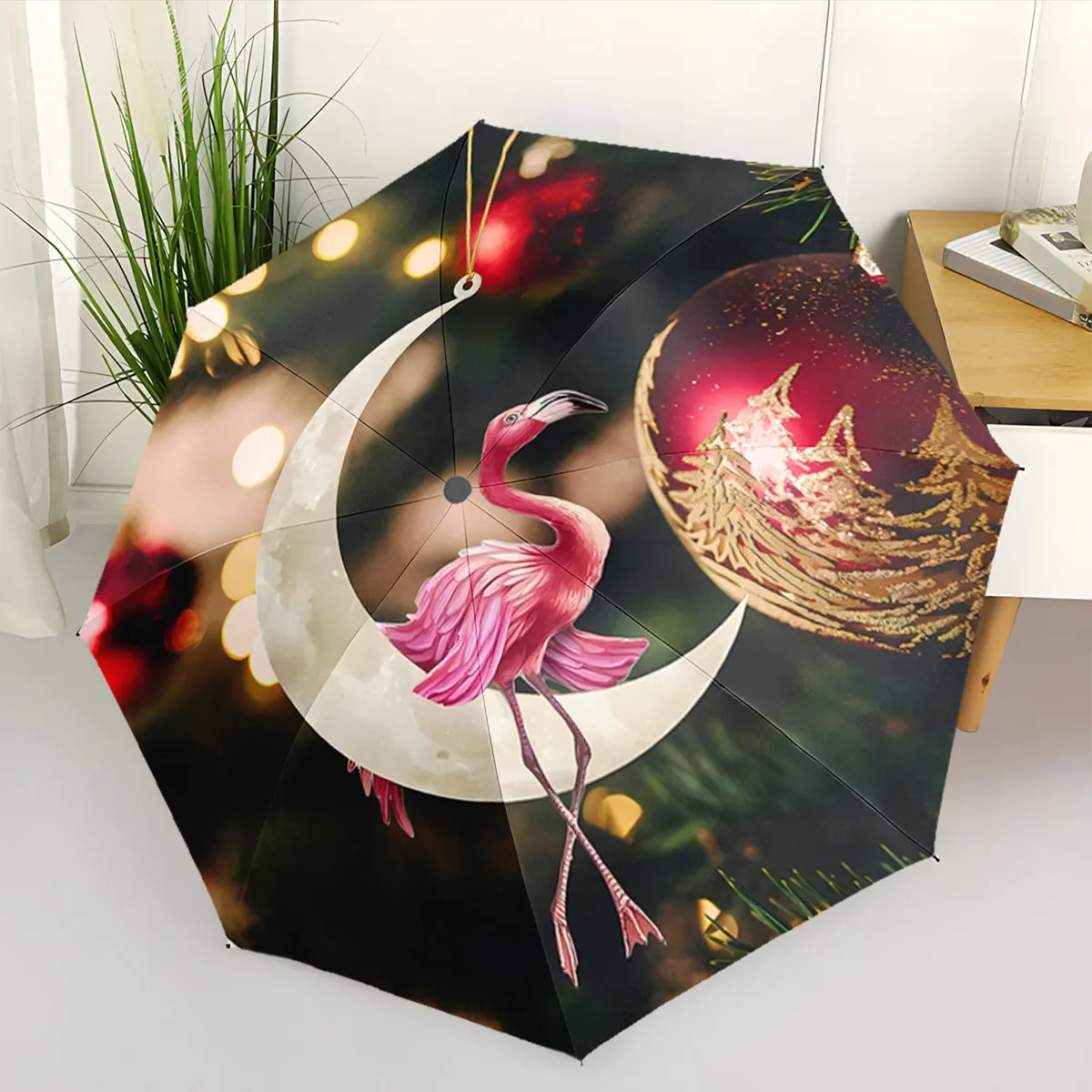 1PC Moonlit Elegance: Flamingo Umbrella Design Print 8 Iron Ribs Folding Umbrella Auto-Open Fashion Sunshade