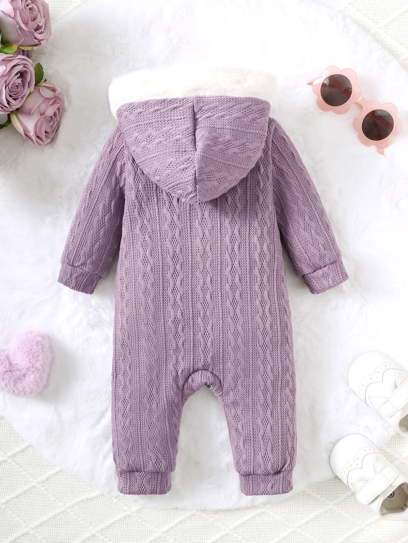 Autumn And Winter Baby Girls Wool Collar Long Sleeve Cable Knit Jumpsuit Purple Temperament Baby Girls Warm Texture Ha Clothes