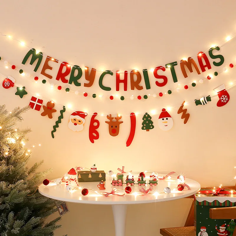 DIY Handmade LED String Light Decorated Merry Christmas Holiday Hanging Home Room Background Pull Flag Banner Christmas Pendant