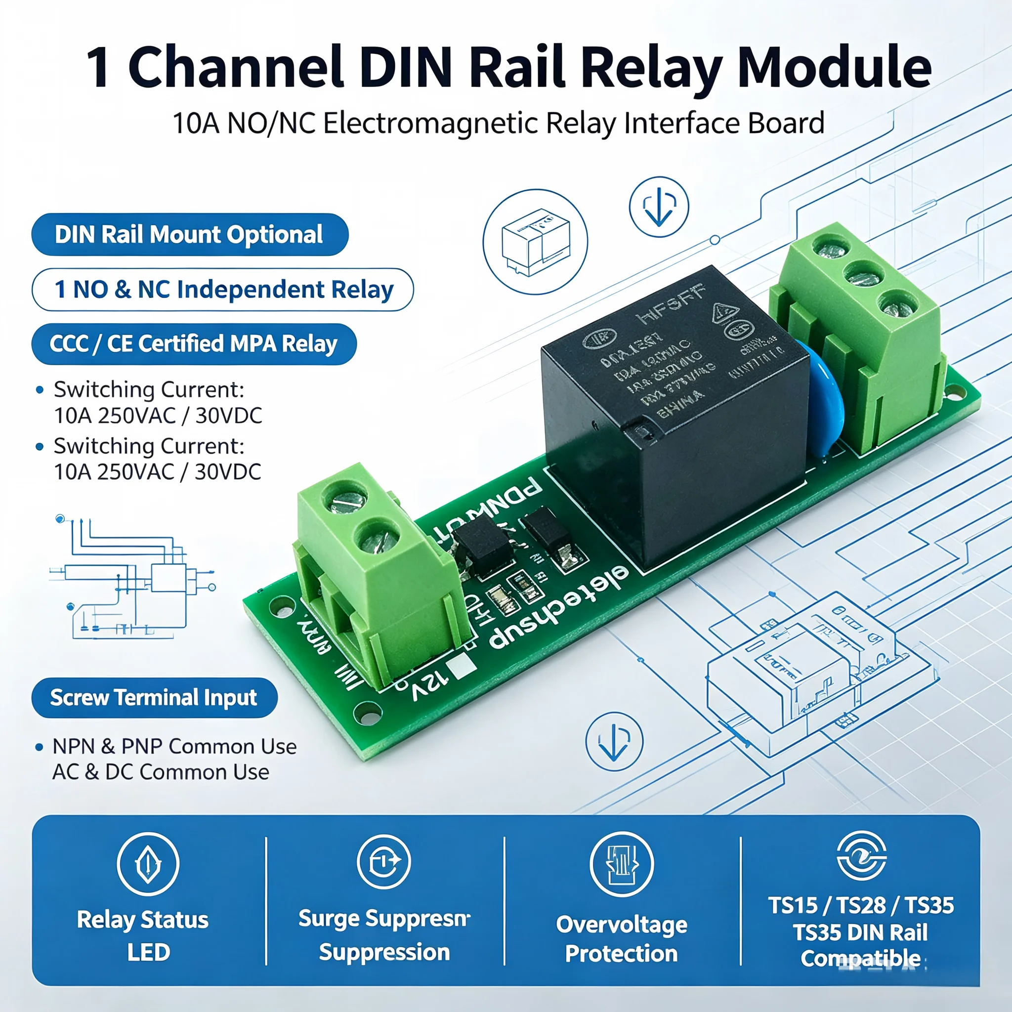 1-Channel DIN Rail Relay Module DC 12V/24V & AC 110V/220V SPDT Switch for PLC GSM Industrial Automation