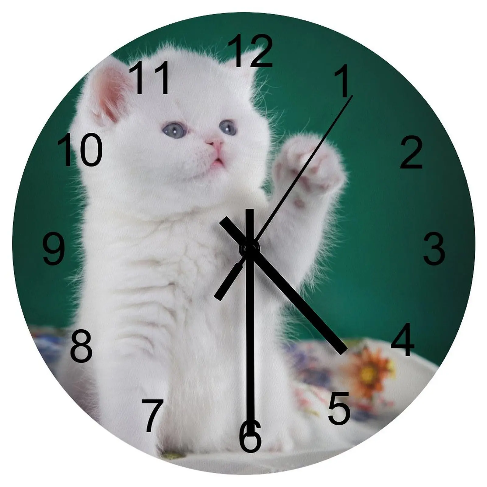 

Office Wall Clock Pure white cute kitten Clocks 12 inch Silent Wood Round Multicolor 3D Display Rustic