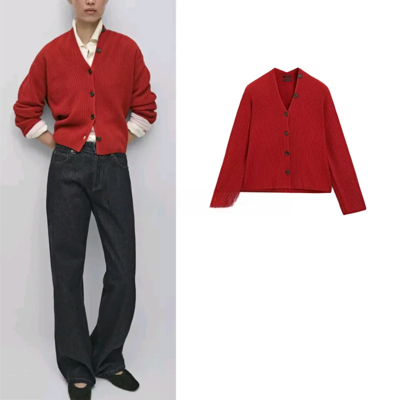 

Spring New Women's Casual Style Single Button V-neck Long Sleeve Soft Knitted Open Cardigan Outerwear Polyester Fiber