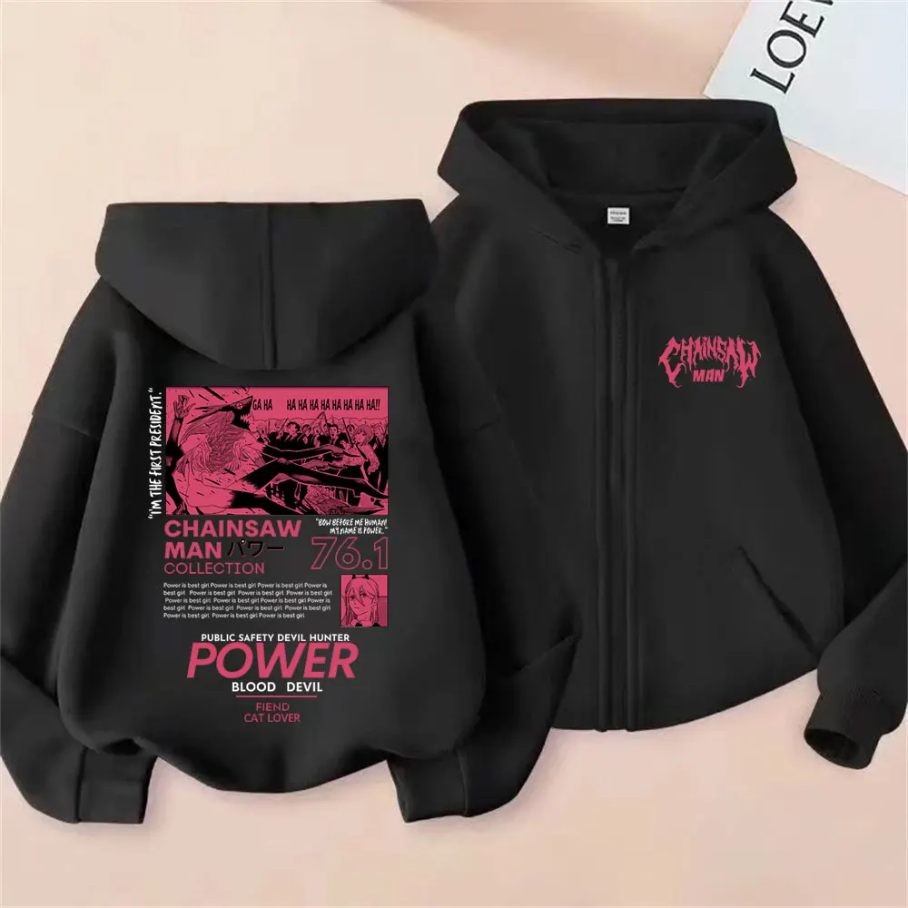 

Anime Chainsaw Man Power Graphic Zipper Hoodie Men's Women's Casual Oversized Zip Up Jacket Coat Male Cartoon Oversized Hoodies