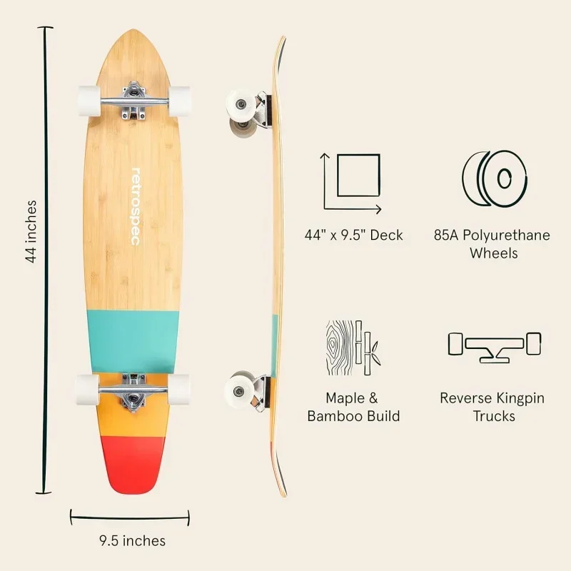 Zed Longboard Skateboard Complete |   Bamboo & Canadian Maple Wood w/ Reverse Kingpin Trucks Commuting, Crui