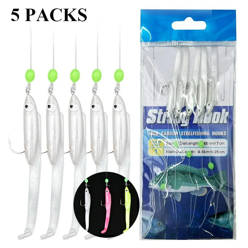 5 PAQUETES de Señuelos Blandos Luminosos, Aparejos Sabiki con Anzuelos en Hilo y Cuentas Brillantes para Pesca de Pez, Saury, Calamar, Caballa, Pez Gordo en Agua Salada