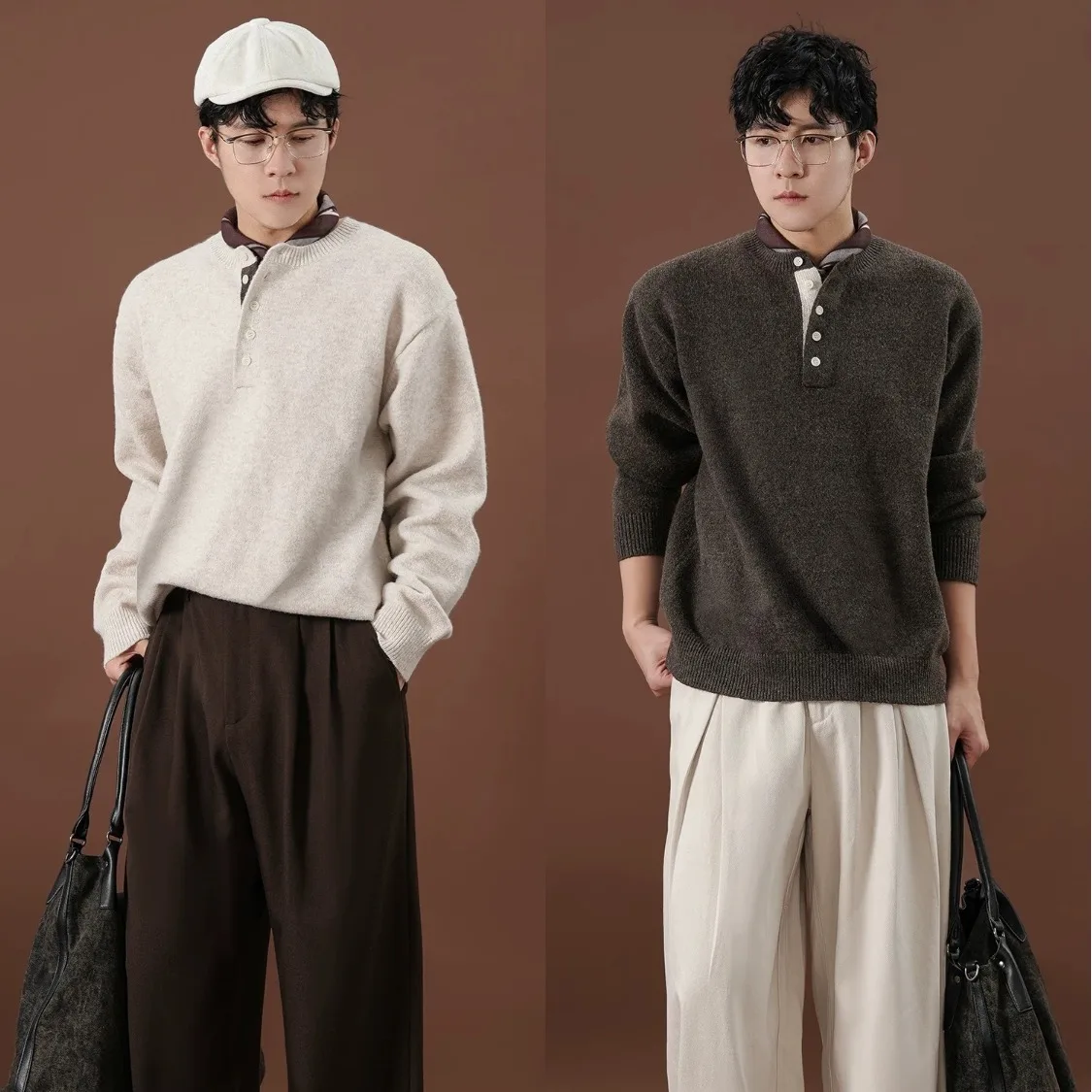 

Мужской вязаный свитер оверсайз из смесовой шерсти с воротником-стойкой, осенне-зимний, универсальный, прямого кроя