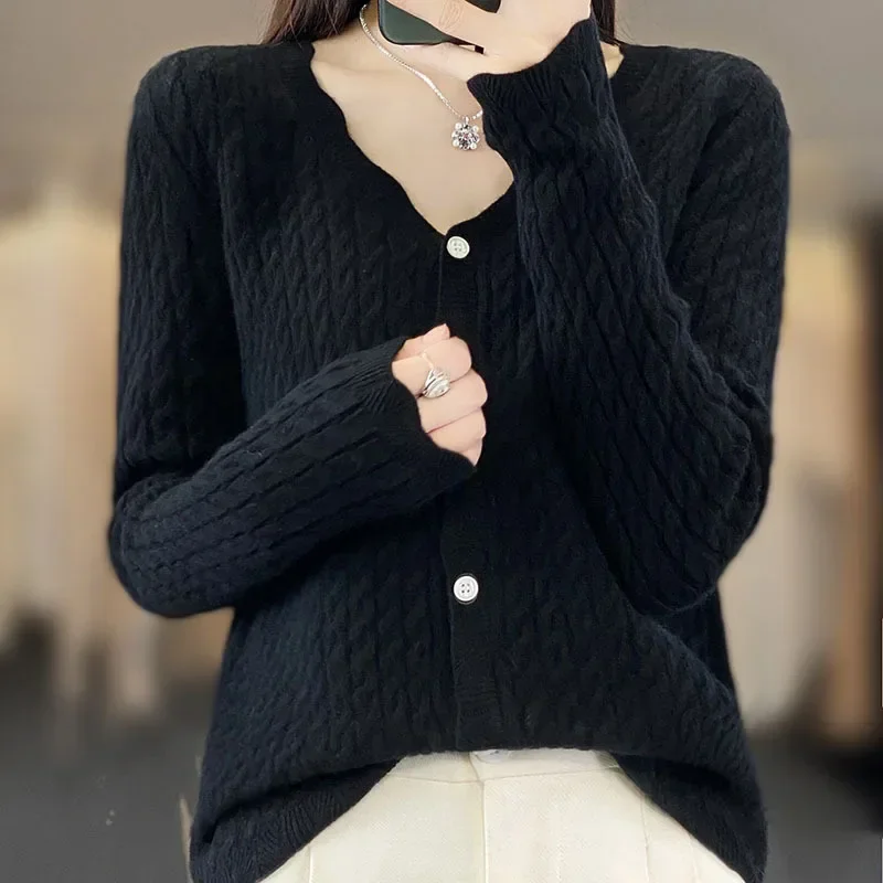 100% Austrilian Wool Women\' Autumn and Winter V-neck Twisted Wool Loose Fit High Stretch Sweater Knitted Sweater Cardigan