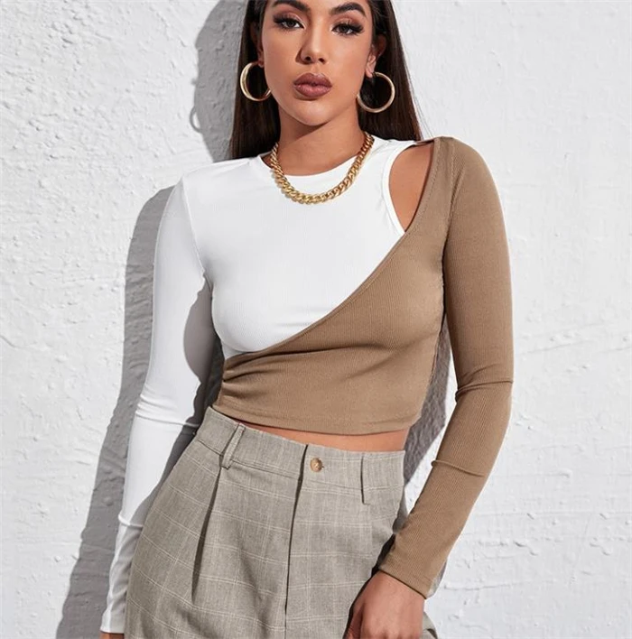 Camiseta corta ort para mujer, camiseta de algodón Street Sle round Ne Hollow out Splice Long Sve Slim Fit, camiseta Faion de otoño irt