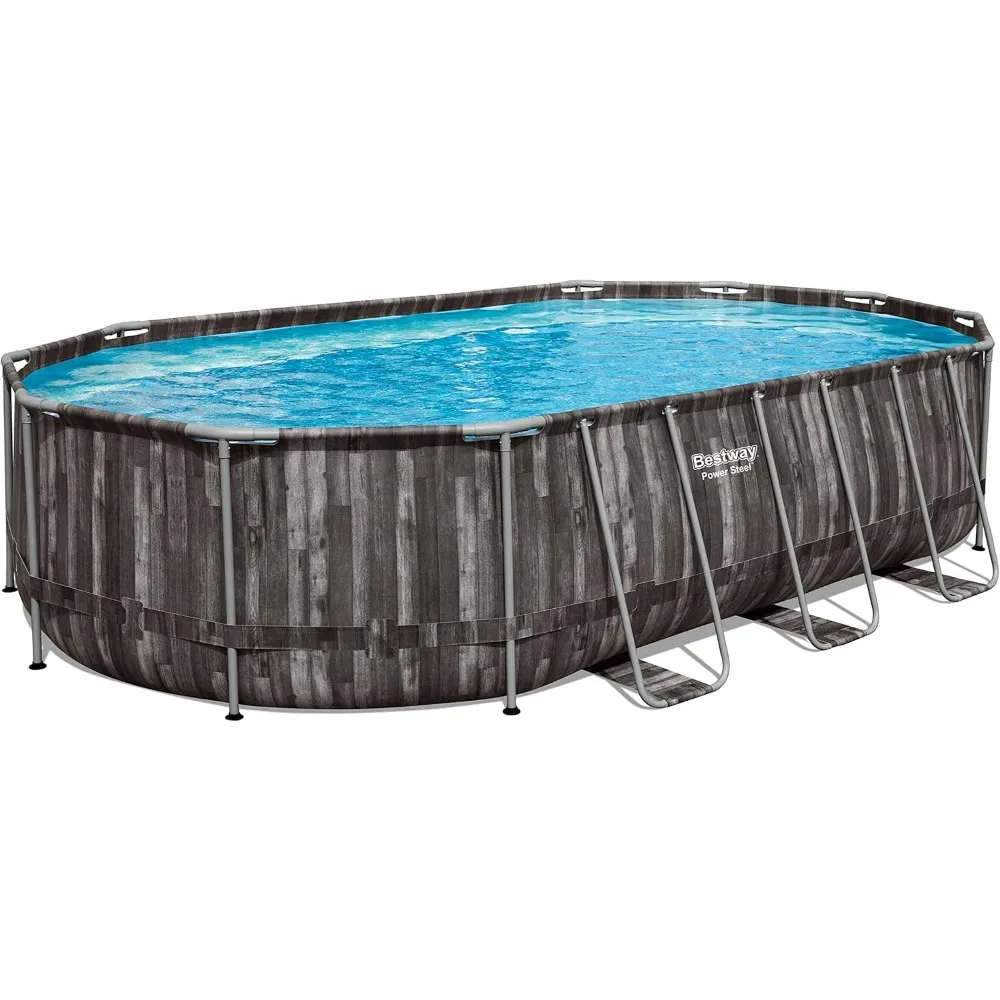 Frame Pool 610 x 366 x 122 cm Complete Set with Filter Pump Oval Wood Effect