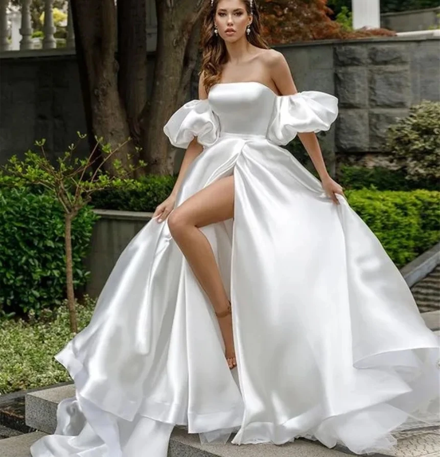 

Elegant White Strapless Puff Sleeve Satin with Slit Mermaid Floor-Length Evening Gown for Women فساتين للحفلات الراقصة