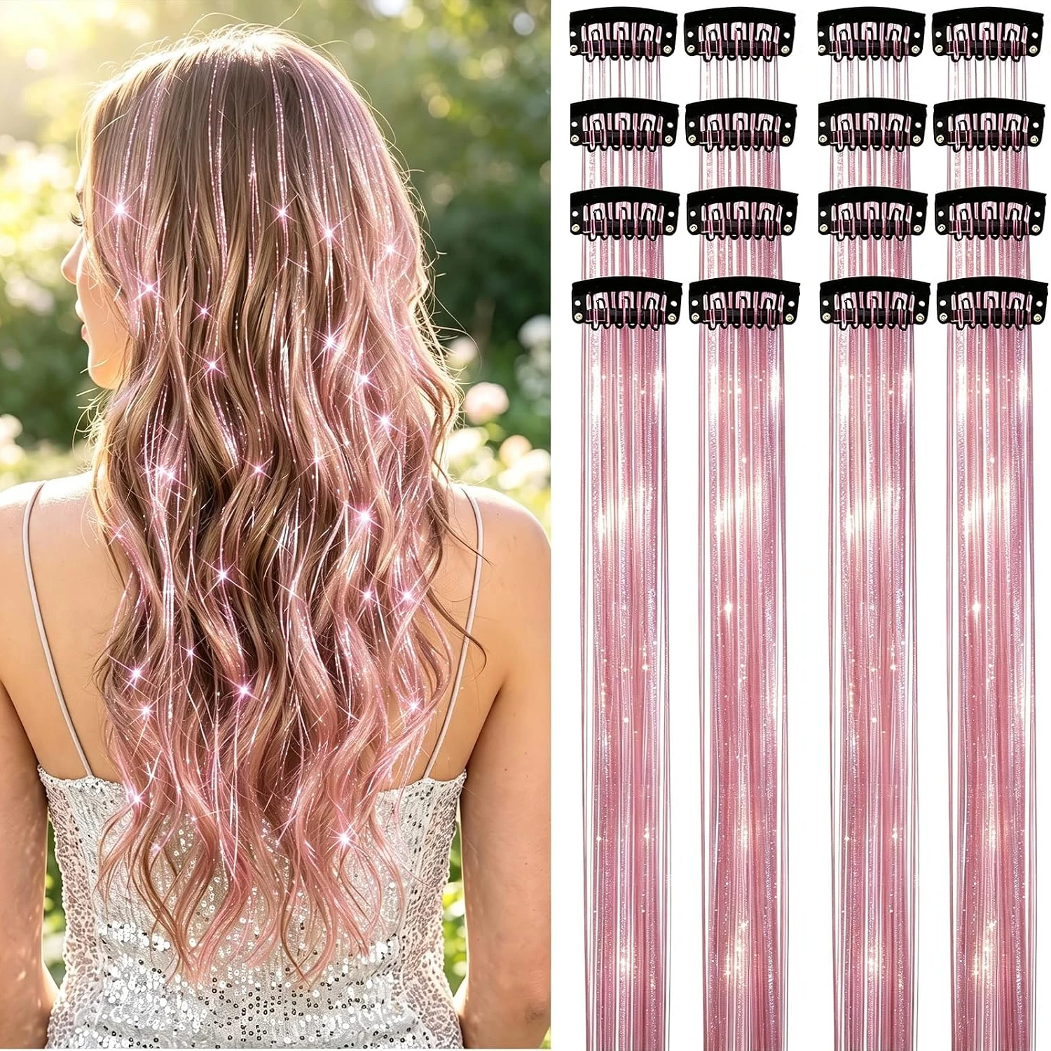Hair Tinsel Pack of 1/5/12 Pcs Colorful Glitter Hair Accessories 22 Inch Clip in Hair Tinsel Extensions Fairy Hair Synthetic