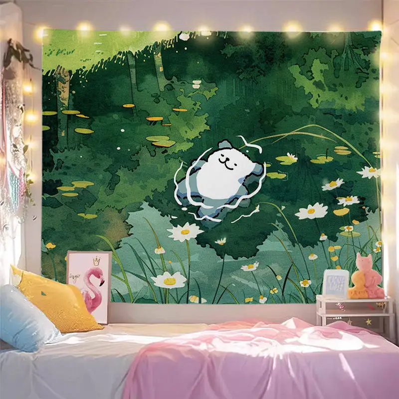 Spring Line Puppy Background Cloth, Cartoon Anime Wall Hanging Tapestry for Bedroom & Dorm Decor