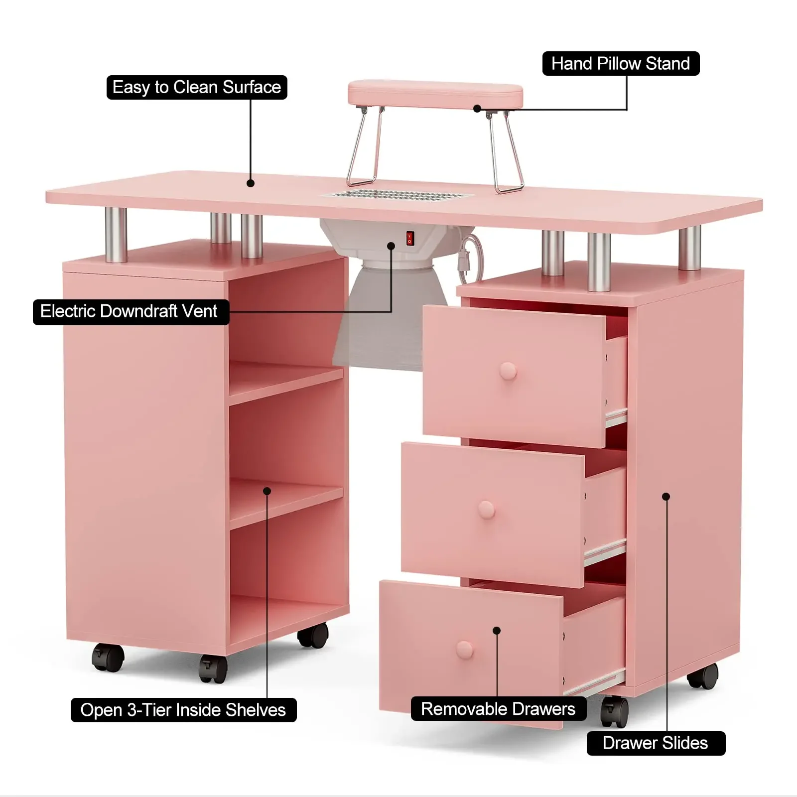 Pink Nail Desk Table For Nails Salon Furniture Manicure Tavolo Unghie Mesa De Design Desk With Dust Collector Nail Tech Chair