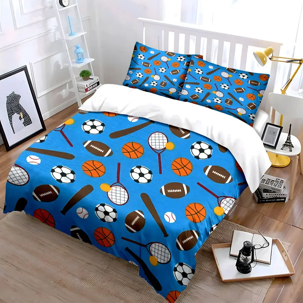 3Pcs Multi-Sport Bedding Set,Soccer, Basketball,Tennis and Baseball Print Duvet Cover+ 2 Pillowcases,Kids bedroom Sports Decor