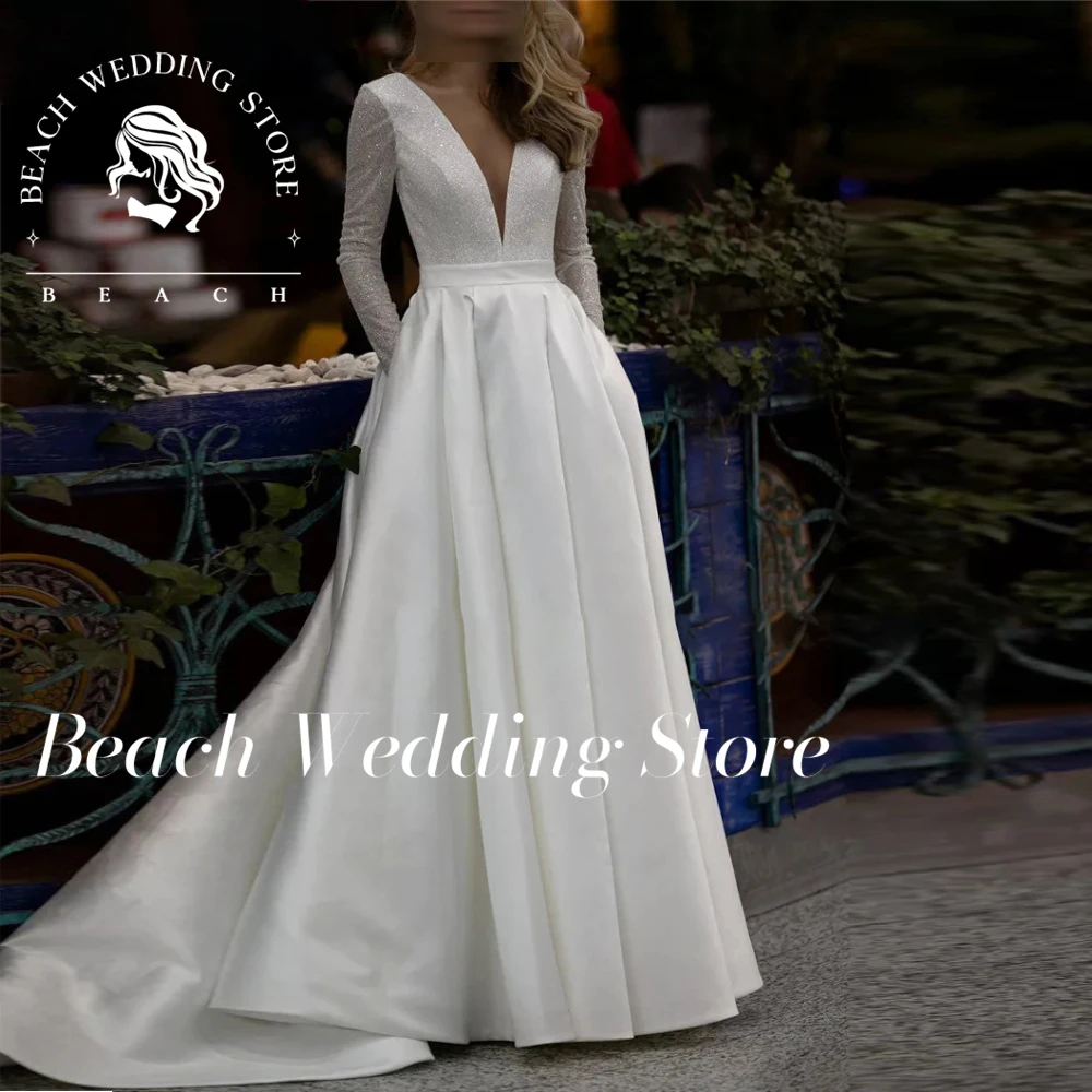 

Beach Customized Sparkle Satin Wedding Dresses for Women Sexy V-Neck Backless Long Sleeve Bridal With Pocket Elegant Vestido