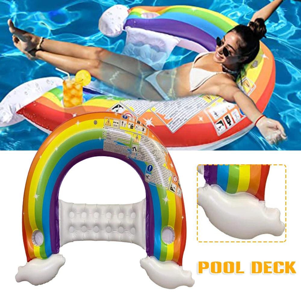 Inflatable Rainbow Shape Swimming Floating Lounge with Backrest, Raft Chair, Cup Holders, Float for Adults, Outdoor Swim Pools