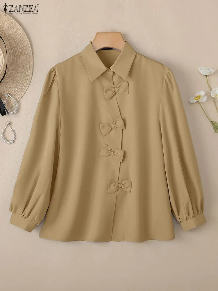 

ZANZEA 2025 Autumn Elegant Lapel Neck Long Sleeve Blouse Office Women Shirt Bow Tops Stylish Solid OL Work Shirts Buttons Blusas