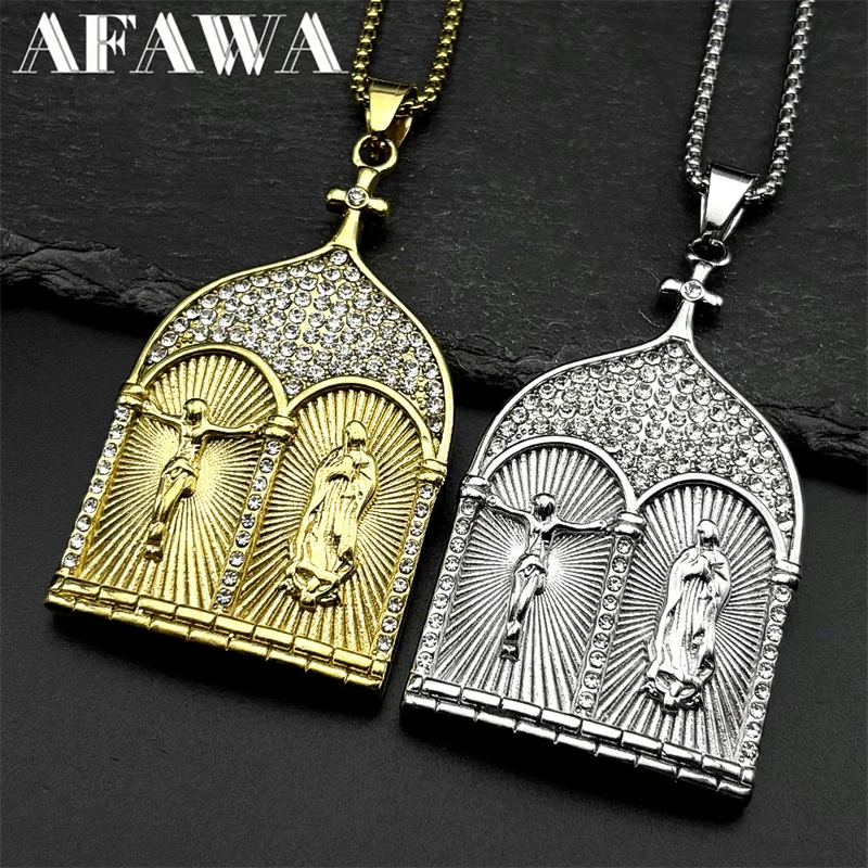 

Jesus Cross Crucifix Virgin Mary Pendant Necklace for Women Men Stainless Steel Gold Color Rhinestones Christian Chain Jewelry