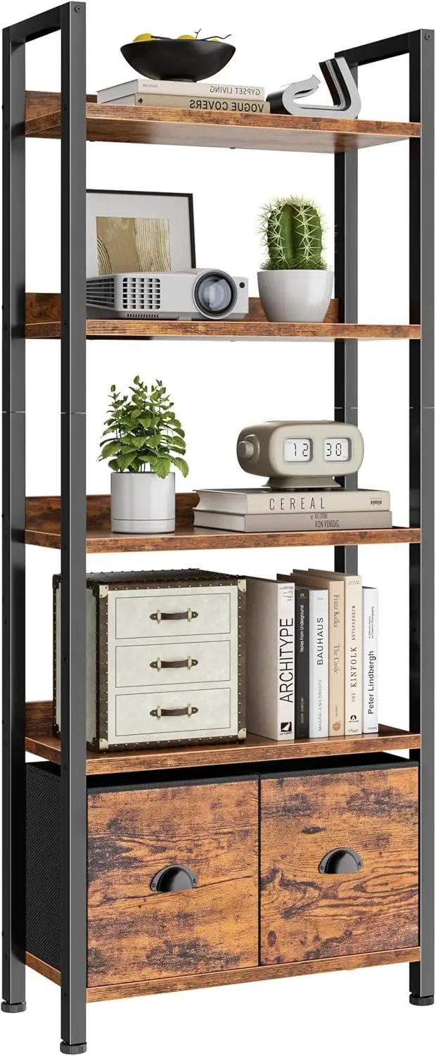Furologee 5-Tier Bookshelf, Tall Bookcase with 2 Storage Drawers, Industrial Standing Storage Shelf, Wood Metal Display Rack for Living Room Bedroom Home Office, Rustic Brown