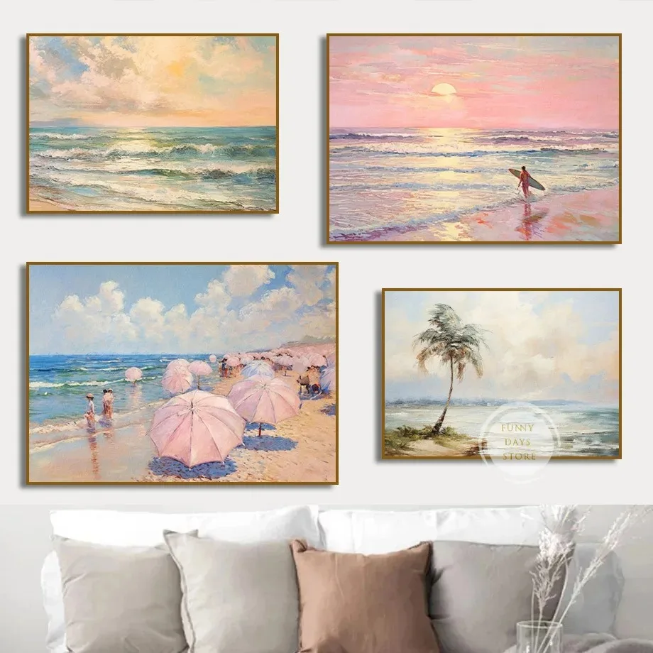 الرجعية الصيف الشاطئ تصفح المحيط موجة شجرة النخيل قماش اللوحة الوردي الساحلية المشارك لغرفة المعيشة غرفة نوم جدار ديكور فني للمنزل #4