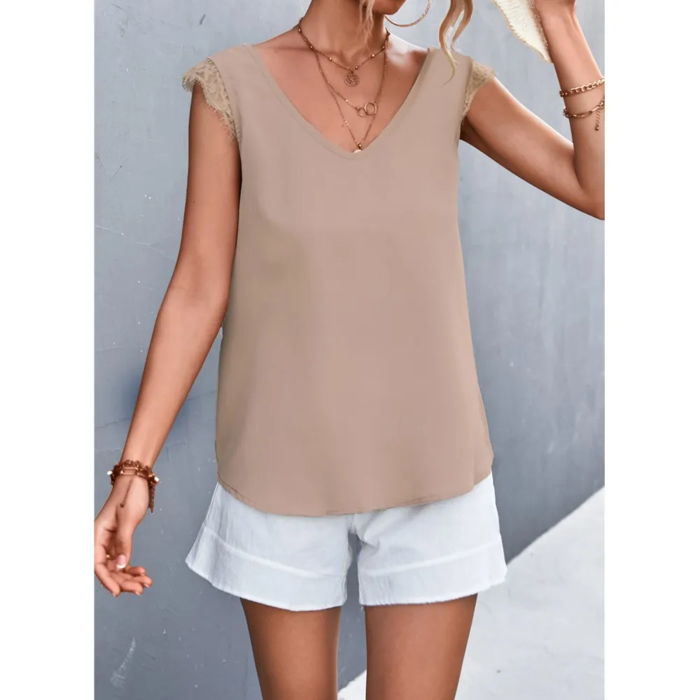 

Elegant And Fashionable Women's T-shirt Small V-neck Short Sleeved Lace Patchwork Lace Woven Casual Women's Shirt 한국 스타일 여성의류