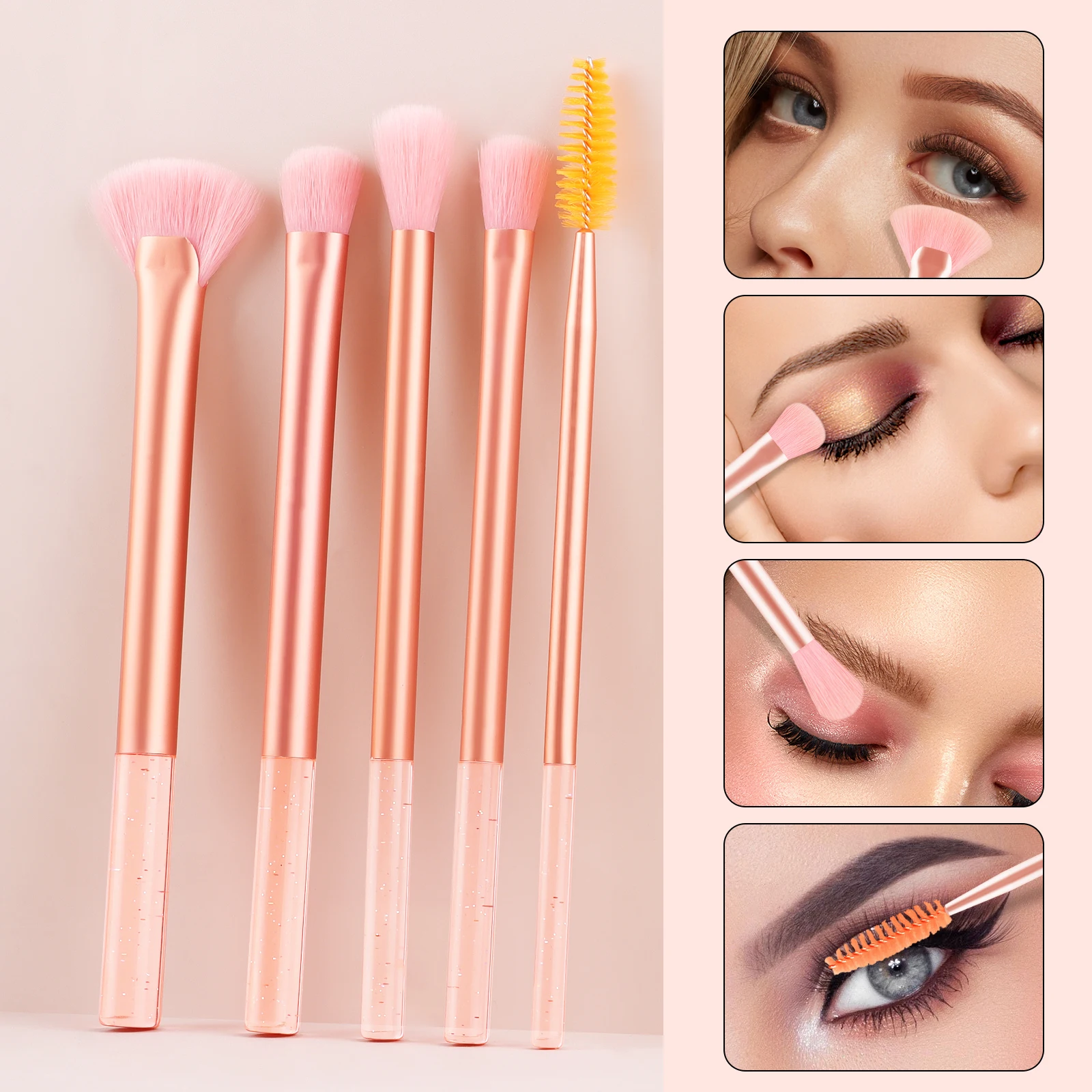 Juego de 5 Mini brochas para principiantes, mango de cristal, brocha de maquillaje portátil para base, brocha para sombra de ojos, brocha en forma de abanico con ceja Br
