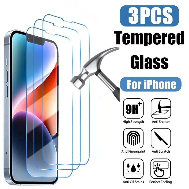 3Pcs Tempered Glass for IPhone 15 14 13 12 11 Pro Max Screen Protector for IPhone 12Mini 13Mini 7 8 14 Plus SE X XS XR Glass