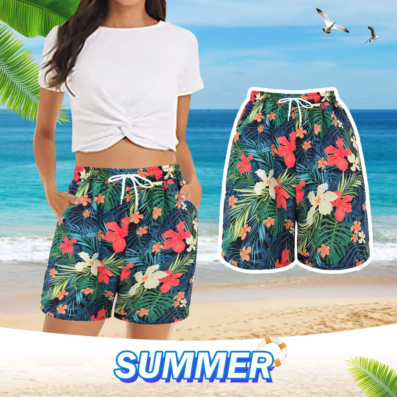 Shorts Women Tropical Floral Printed Fresh Trendy Summer Leisure Girls High Waist Wide Leg Drawstring Youth Surfing Beach Wear