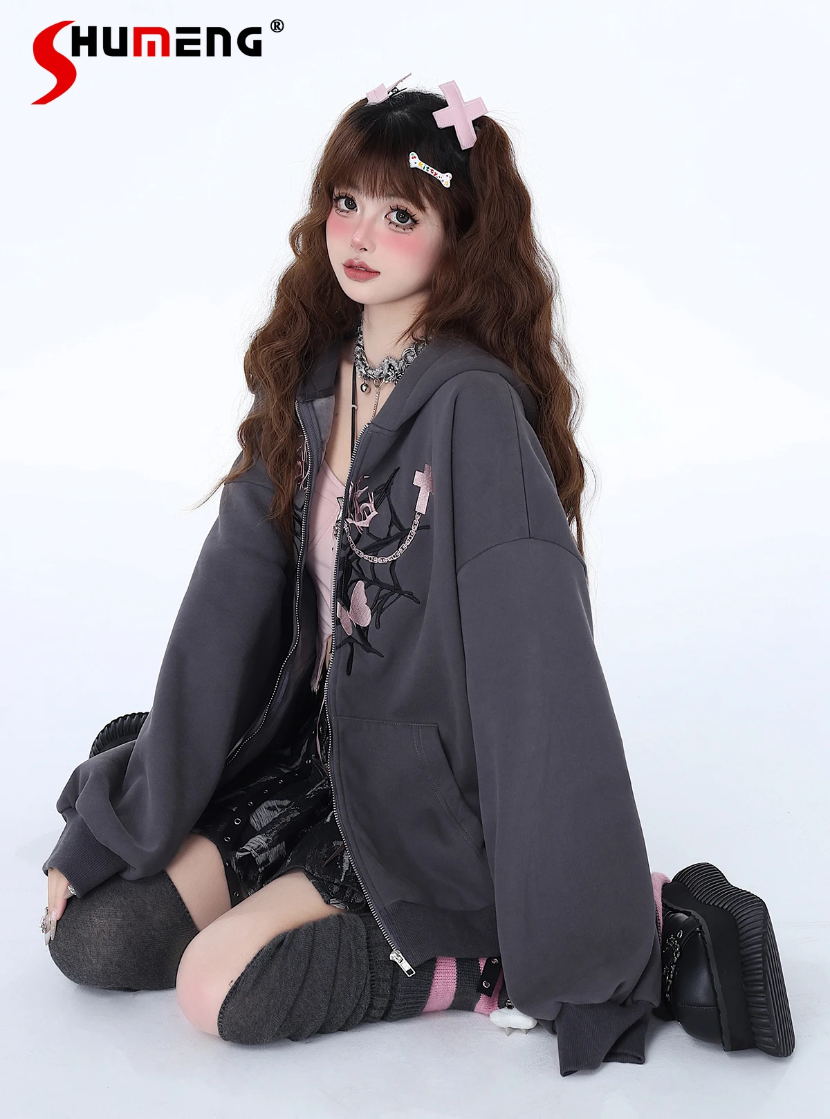 Original Sweet Punk Hooded Zip Up Hoodie Woman 2024 Early Spring New Streetwear Women Loose All-Match Long Sleeve Hoodies Coat
