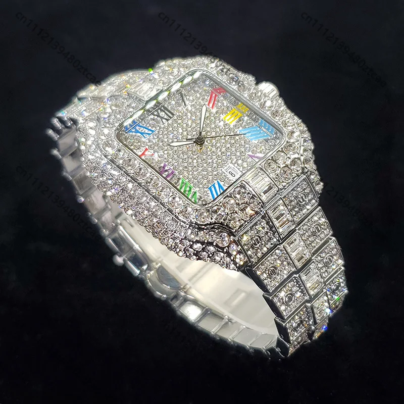 New Luxury Iced Out Square Watch Men Colorful Number Diamond Hip Hop Bling Quartz Wristwatch for Party