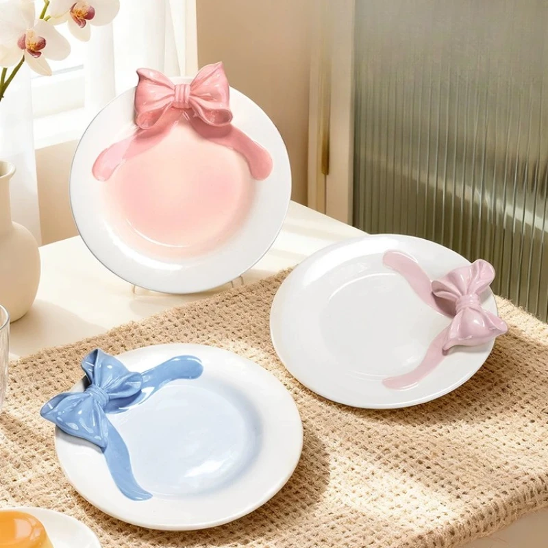 French cream style underglaze hand-embossed bow ceramic plate ceremonial dessert plate breakfast plate