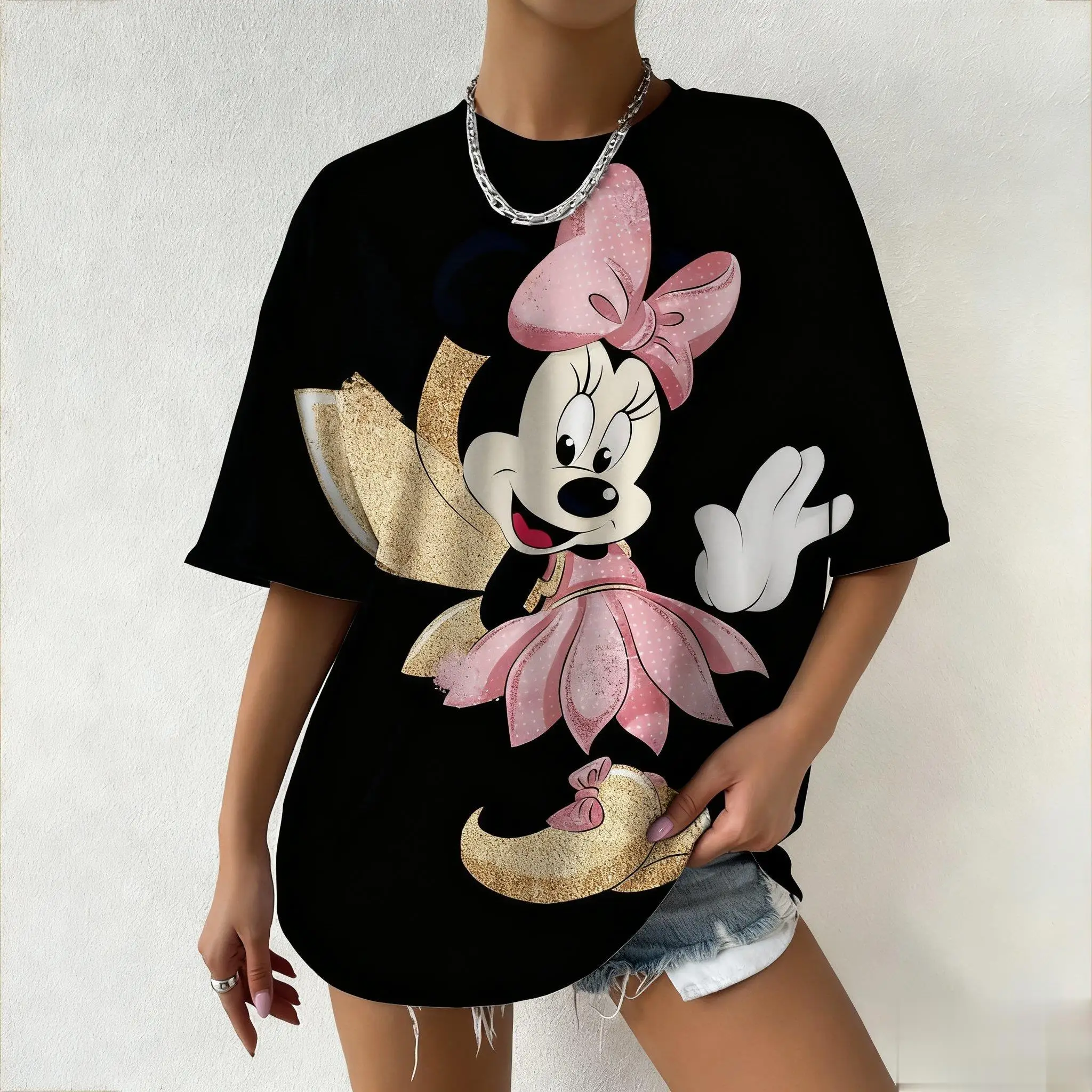 ديزني ميكي ميني ماوس الجرافيك تي شيرت النساء الرجال لطيف الكرتون طباعة قصيرة الأكمام المحملة القمم ملابس الشارع الشهير موضة الصيف