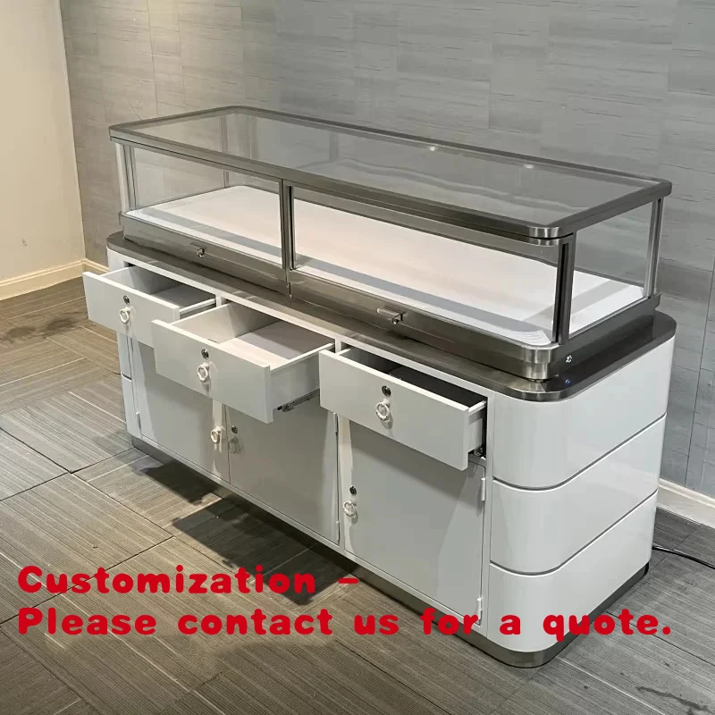 

custom.Modern Luxury Jewelry Shop Counter Design Glass Wood Cabinet Golden Jewelry showcase Display Table Set showcase