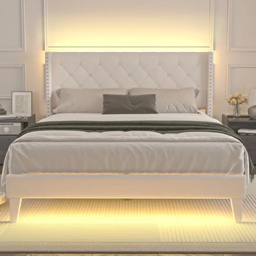 

Full Size Bed Frame with Led Lights Upholstered Velvet Platform Bed Frames with Button Tufted Wingback Headboard and Footboard