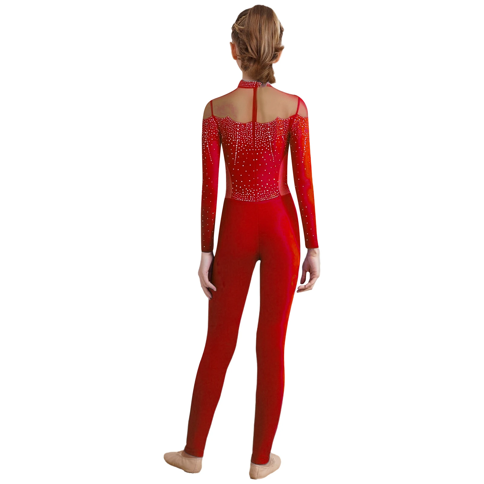 Kids Girls Figure Skating Gymnastics Acrobatics Ballet Dance Leotard Dancewear Long Sleeve Shiny Rhinestones Sheer Mesh Jumpsuit