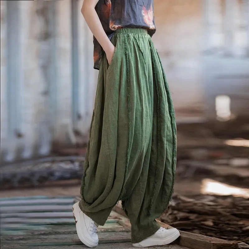 

Women Vintage Ramie Pants Solid Color Loose Ramie Trouser 2024 Spring New Elastic Waist Pockets Women Long Pants S173
