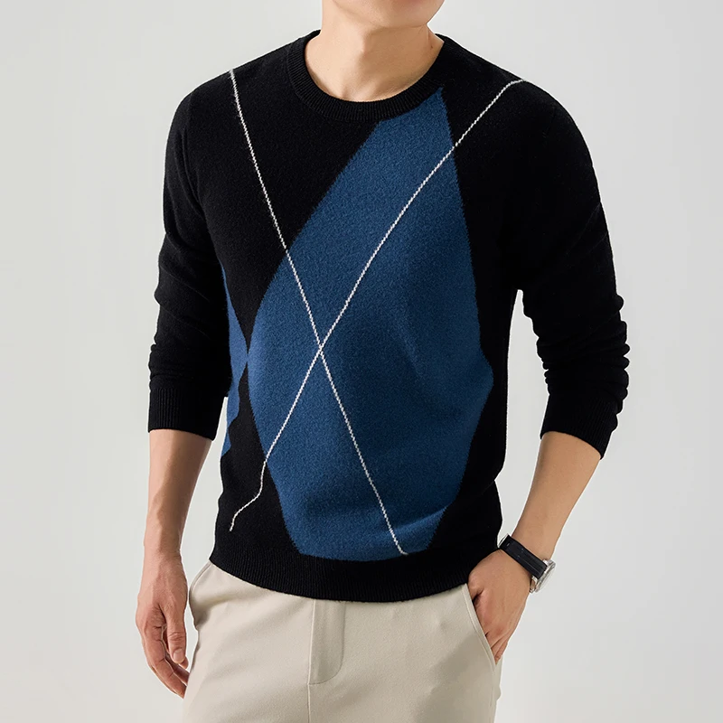 

100% Sheep Wool Trendy Clothes Men 2025 Winter Fashion Soft Warm Sweater Long Sleeve Pathcwork Colors Cashmere Wool Jumper