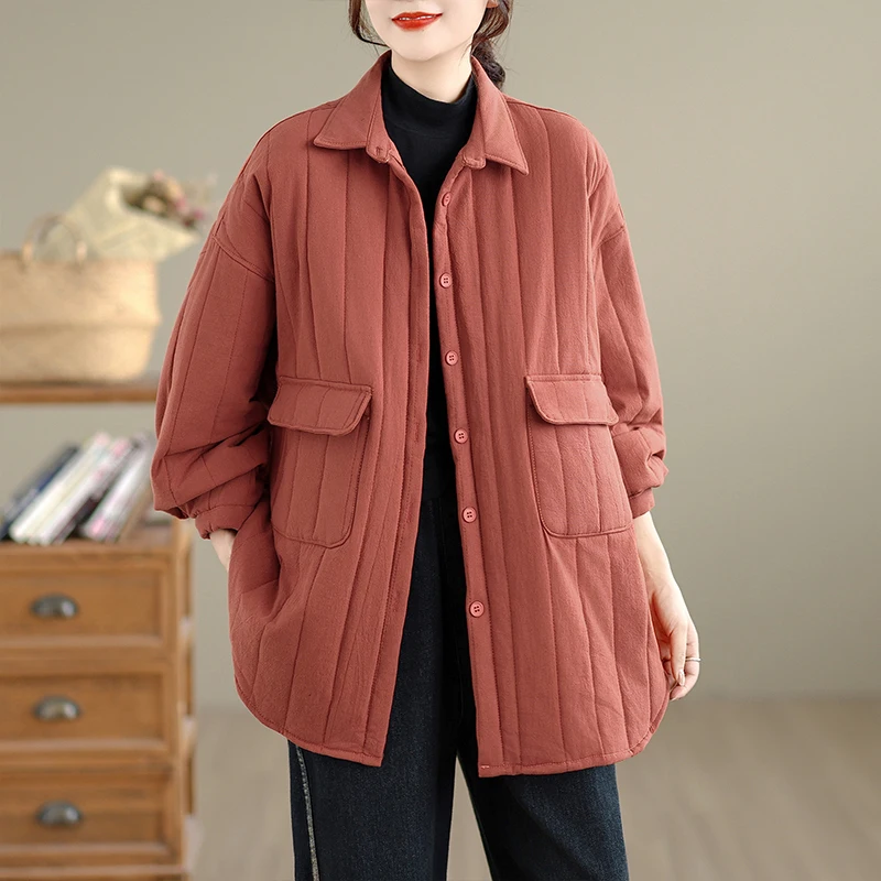 

Retro Wash Hemp Thickened Cotton Jacket Women's Coat with Large Pockets Mid-Length Sewn Cotton Warm Winter Coat