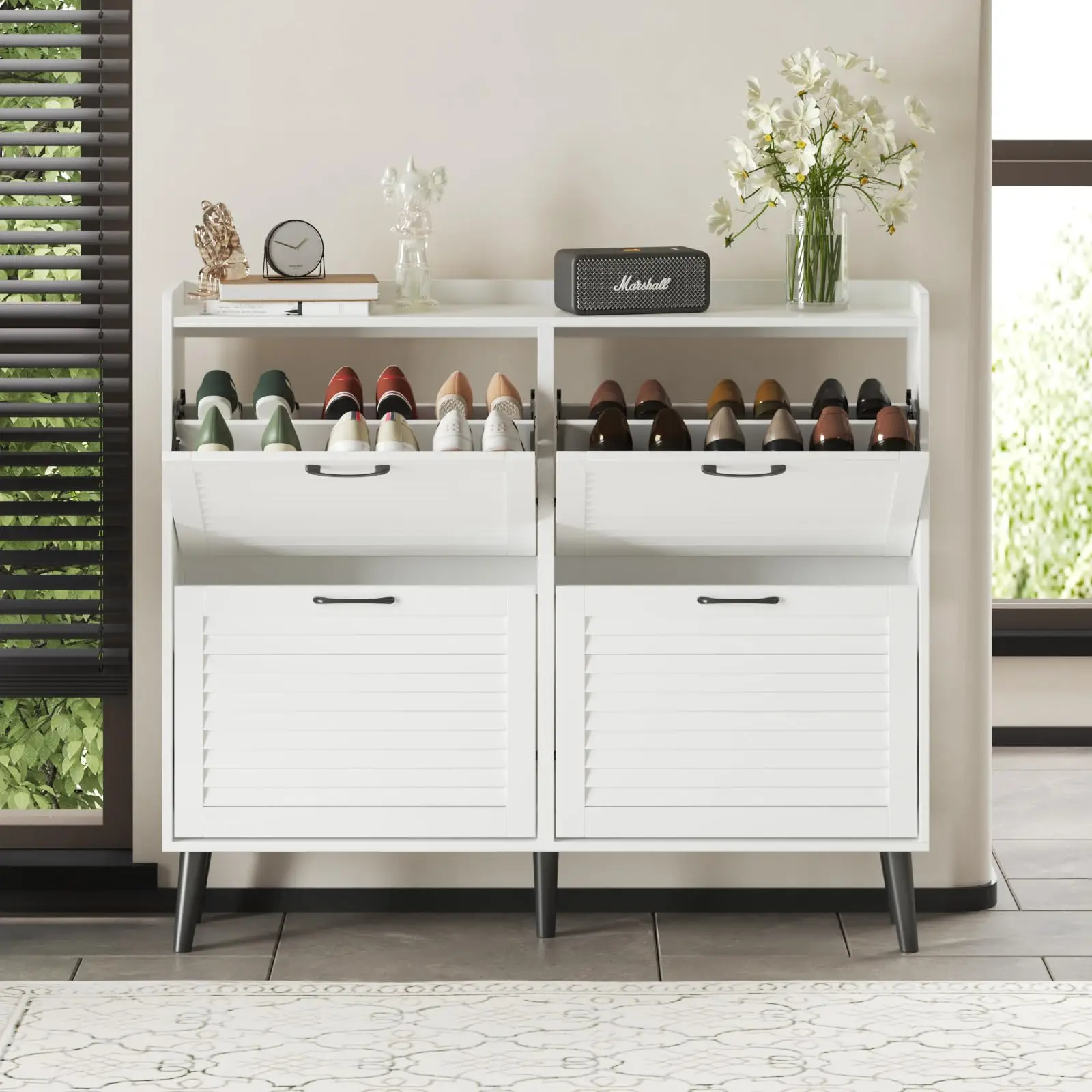 

Vabches Shoe Cabinet with 4 Flip Drawers Entryway Shoe Storage Cabinet with Louvered Doors&Wood Legs Freestanding Shoe Organizer