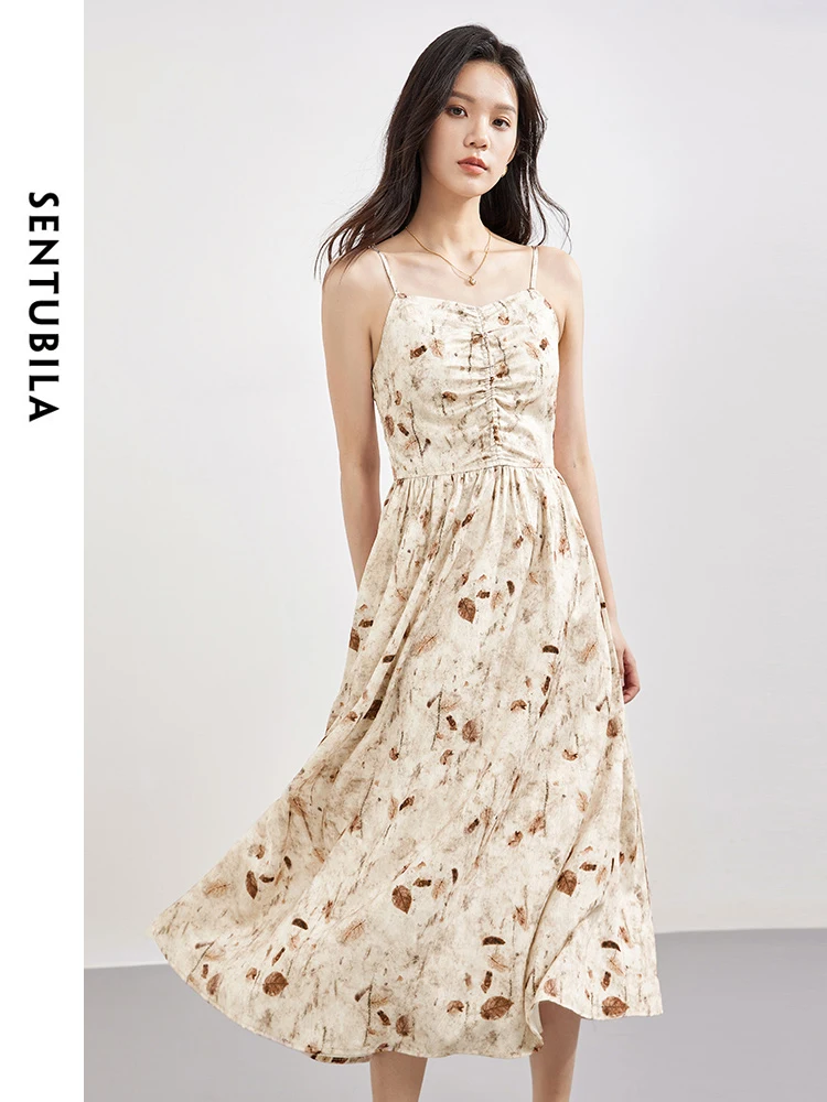

SENTUBILA V Neck Retro Floral Camisole Dress 2024 Summer New Pullover A-line Midi Sleeveless Dresses Female Clothing 142L53647