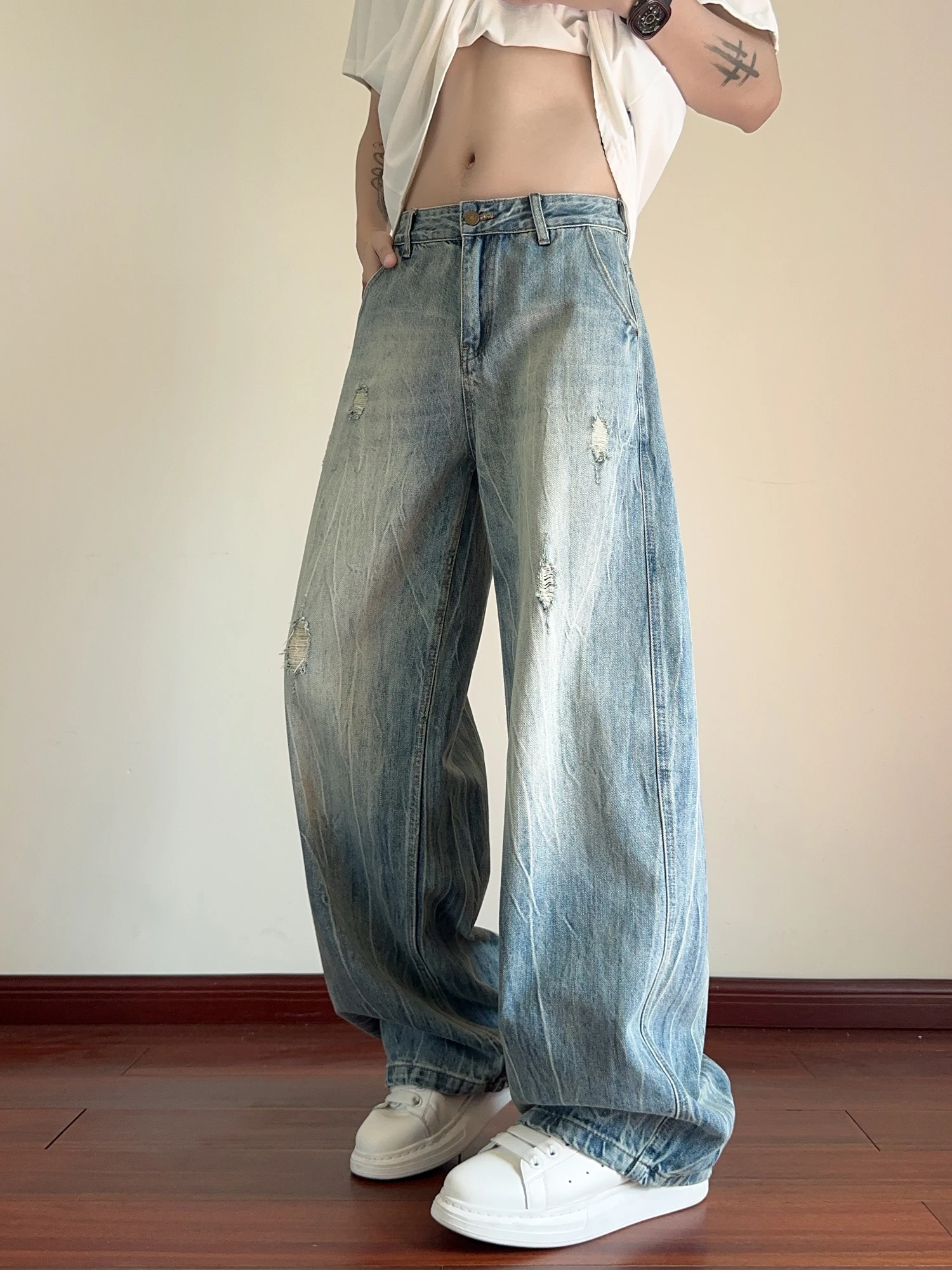 2025 Spring and Autumn American Style Washed Lightning Pattern Ripped Jeans Men's Loose Straight Wide-Leg Casual Blue Pants