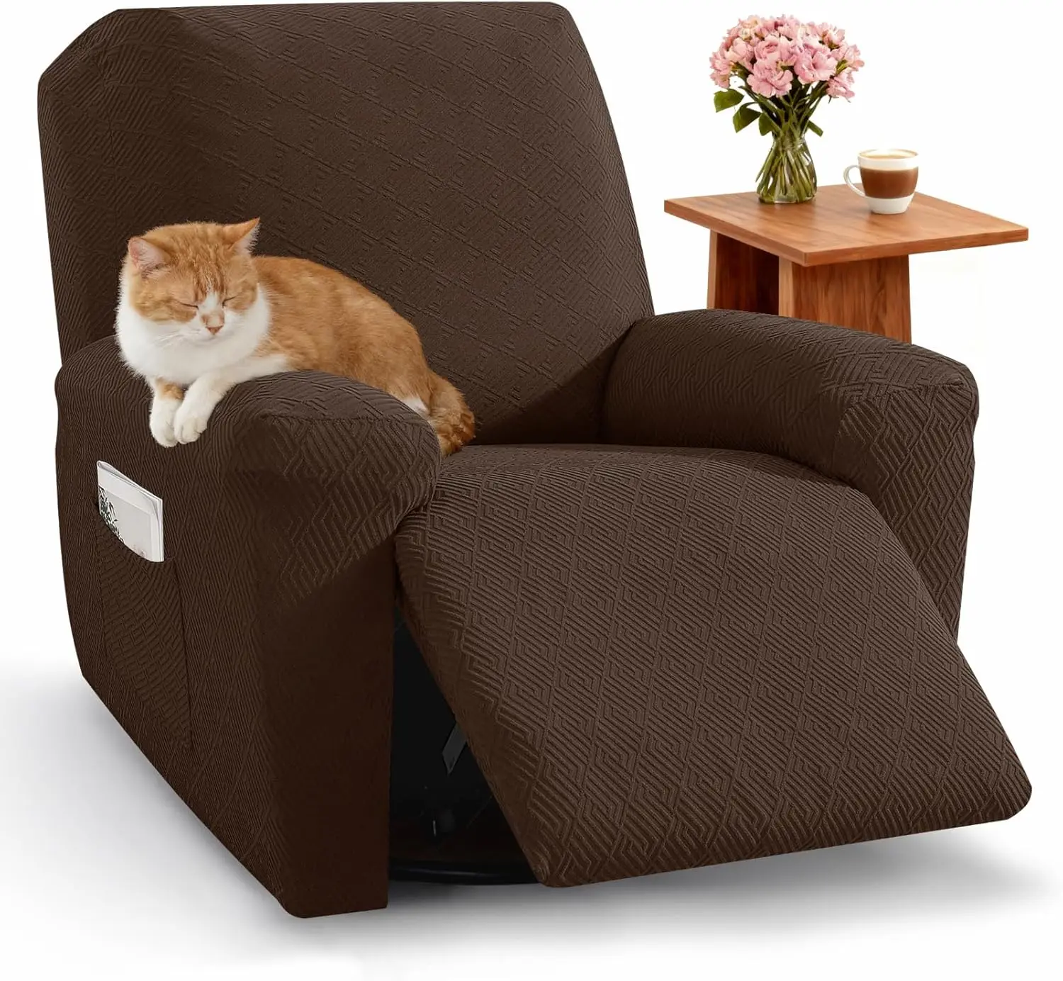 

Recliner Chair Covers 4-Piece Set with Storage Pockets, Soft Washable Furniture Protector for Pets & Kids (Large, Coffee)