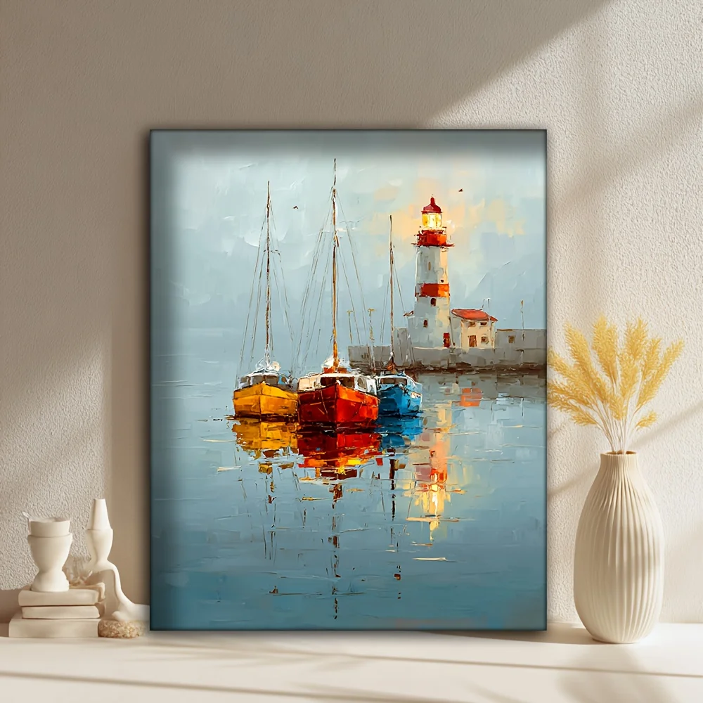 Vintage Sailing Boats on Calm Waters Seascape Painting - Coastal Nautical Art with Lighthouse & Boats in Backdrop, No Framed Wal