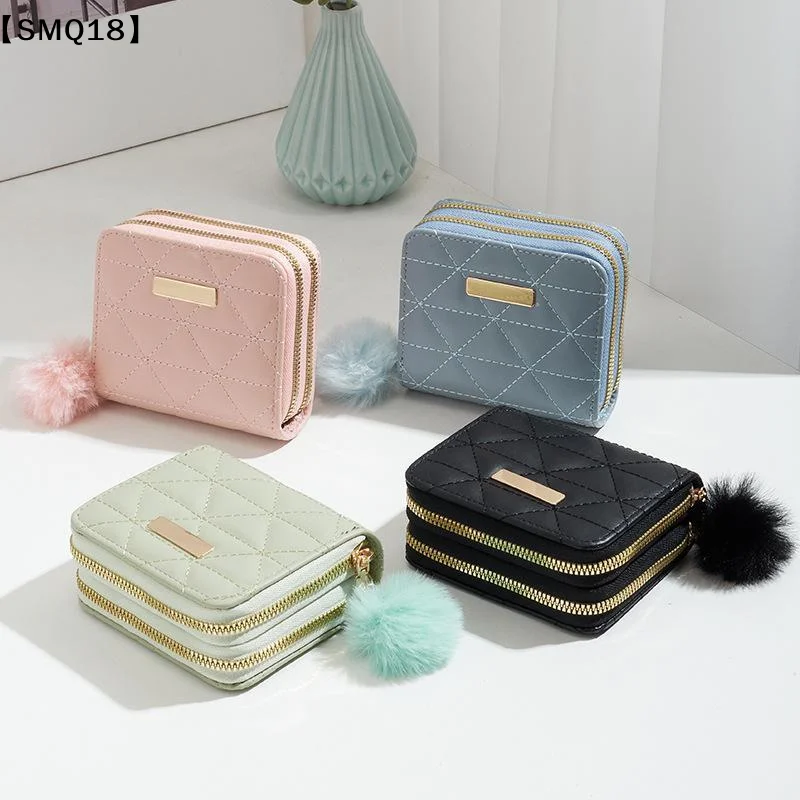 Mini Quilted PU Leather Wallet With Double Zippers Fluffy Pom Pom For Daily Commute Shopping Travel【SMQ】