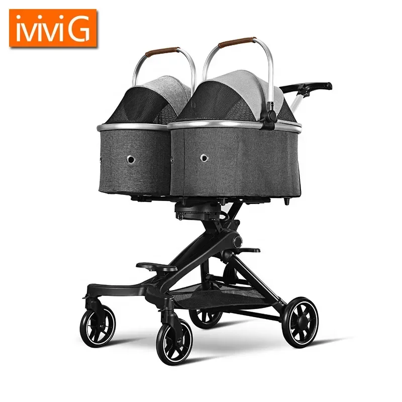 

U801T Factory Luxury Aviation Aluminum Lightweight Double Dogs stroller with Breathable Mesh Oxford for Twins pet stroller