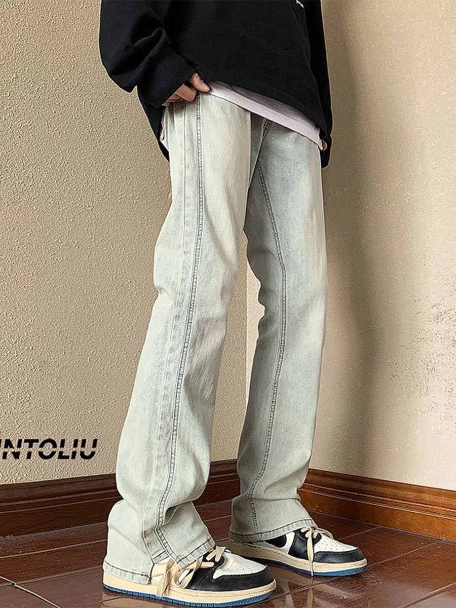 

Мужские джинсы слим-фит прямого кроя, винтажные, в стиле High Street, с эффектом потертости, слегка расклешенные, весна-осень, американский стиль