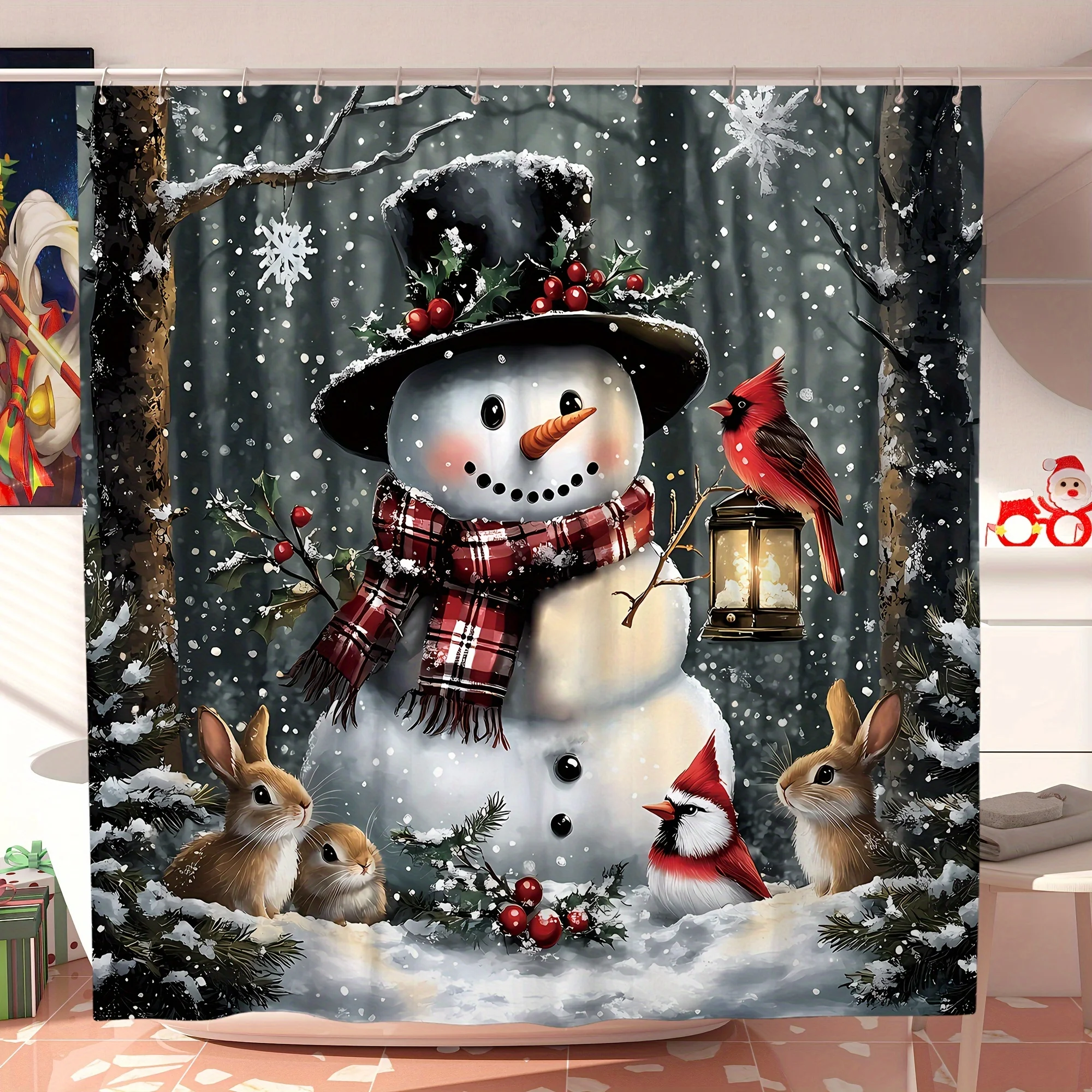 Weihnachten Winter Schneemann Kardinal Holly Lustige Nette Rot Weiß Duschvorhang Polyester Maschine Waschbar für Weihnachten Badezimmer