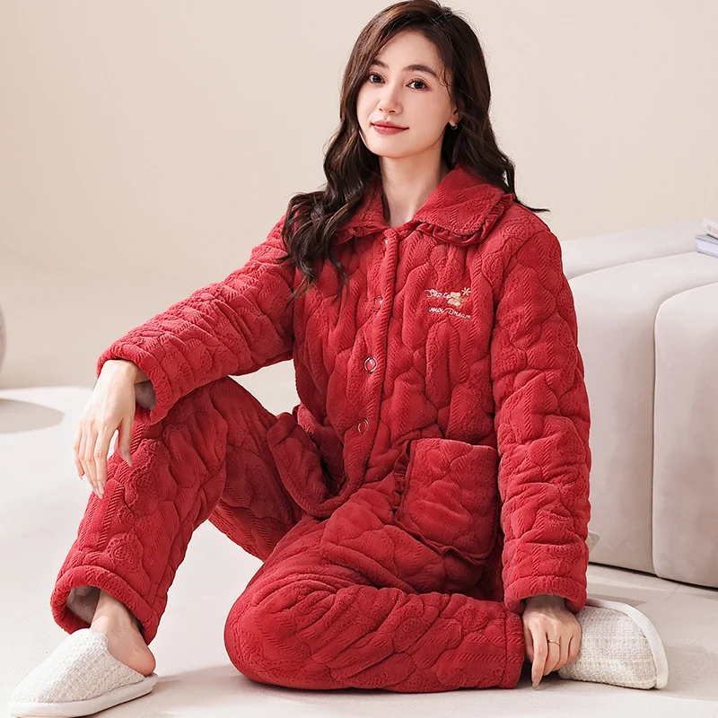 Winter Women Pajamas Set Three Layer Clip Cotton Pijama Female Thick Turn-down Collar Sleepwear