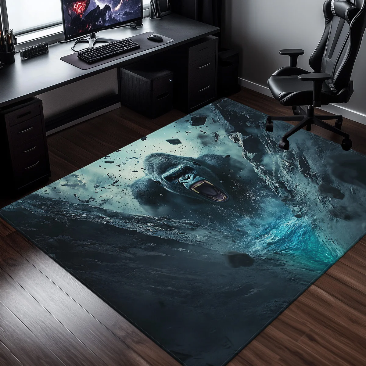

King Kong gorilla breaking through ice crystal velvet rug movie monster theme gaming room carpet dramatic action scene floor mat