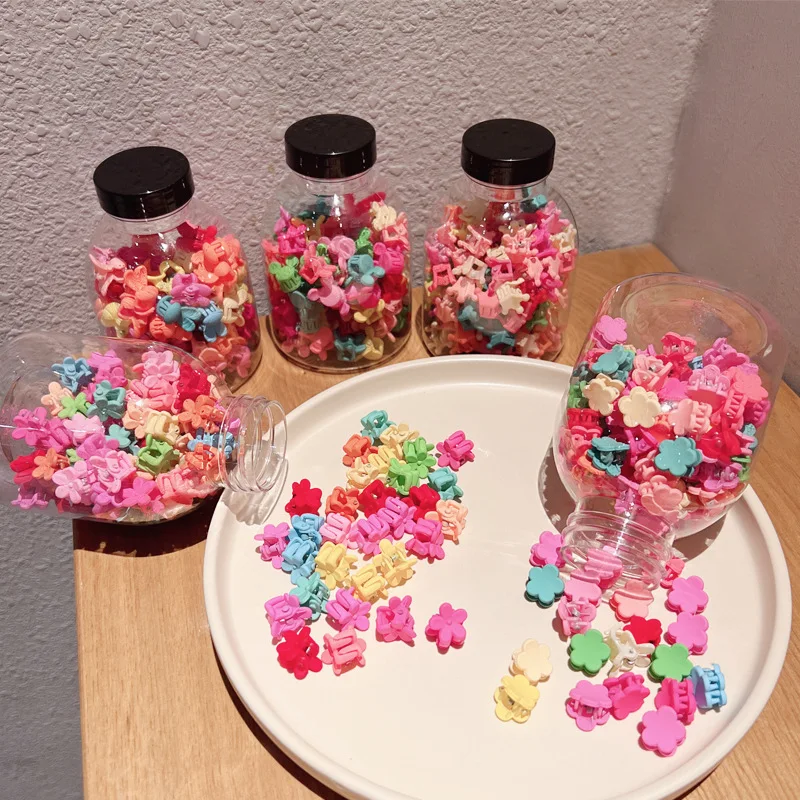 100 pcs Colorful Flower Hair Clips for Kids in Can Packaging - Mini Hairpin Headwear for Girls